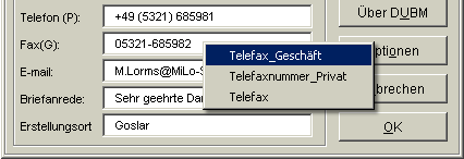 mögliche Faxnummern als Kontextmenü